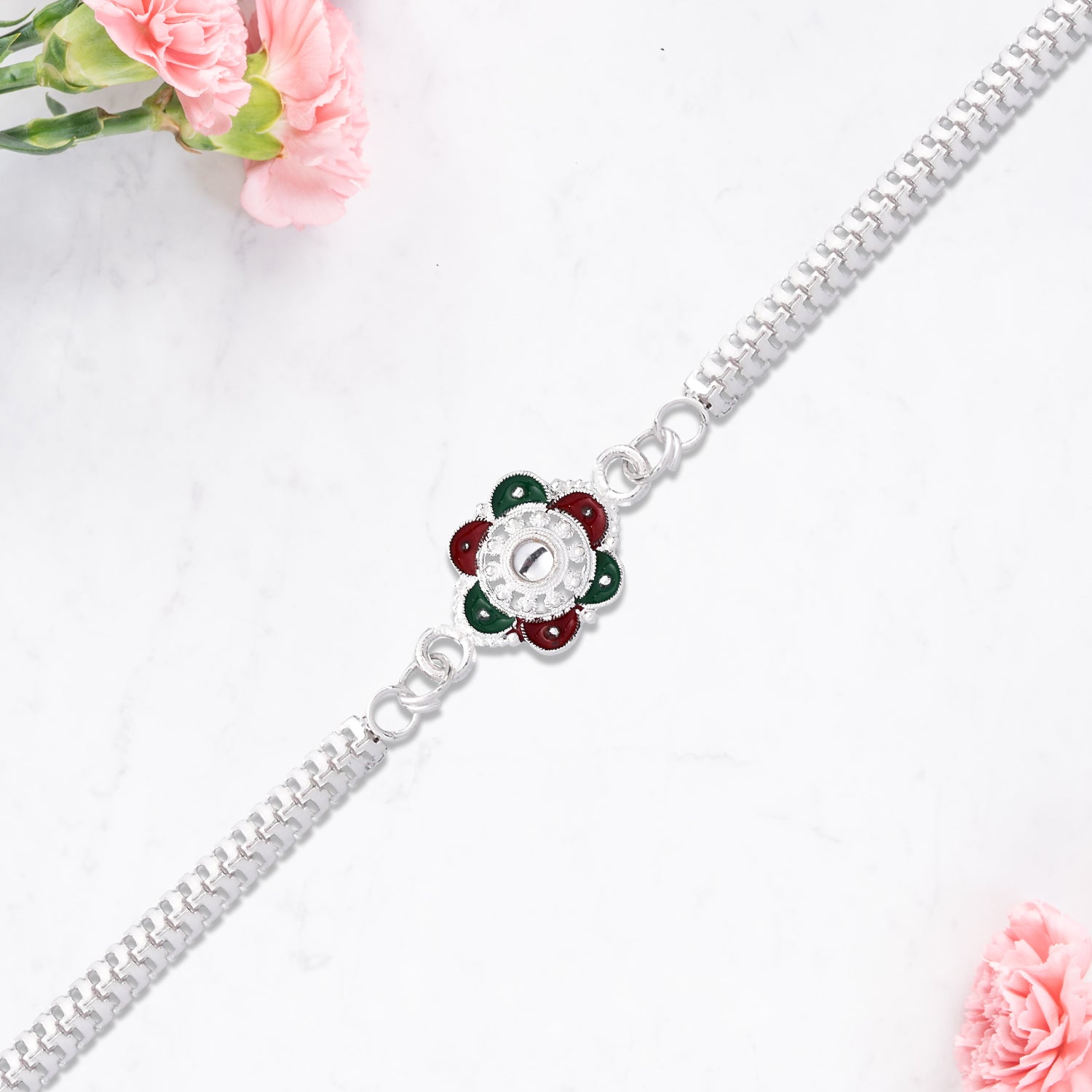 Designer Flower Rakhi With Mirror Stone Center And Dual-link Metal Chain Designer Flower Rakhi With Mirror Stone Center And Dual-link Metal Chain
